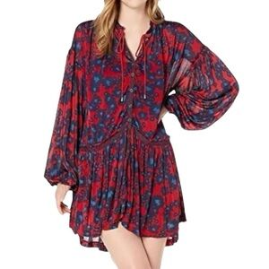 Free People Red and Blue Floral Long Sleeve Mini Dress